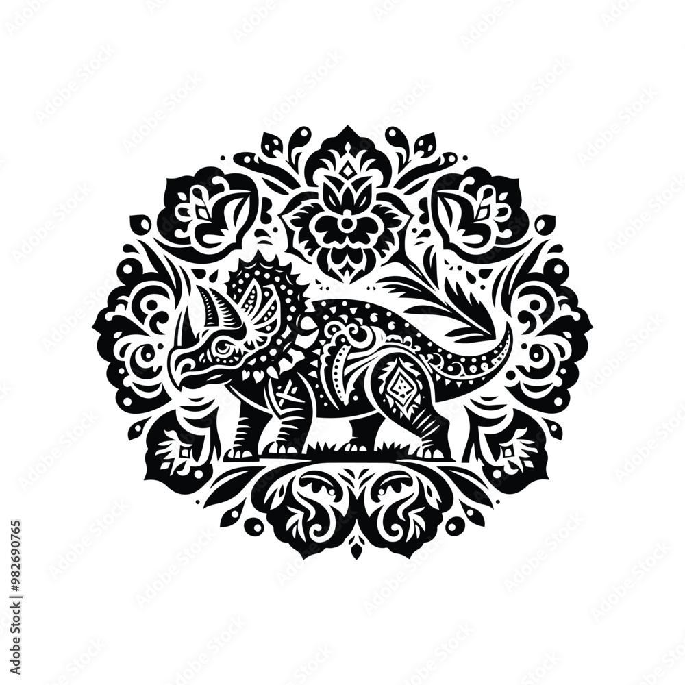 Triceratops with folk art decoration in black and white illustrations, cutout graphic Triceratops with folk art decoration in black and white illustrations, cutout graphic