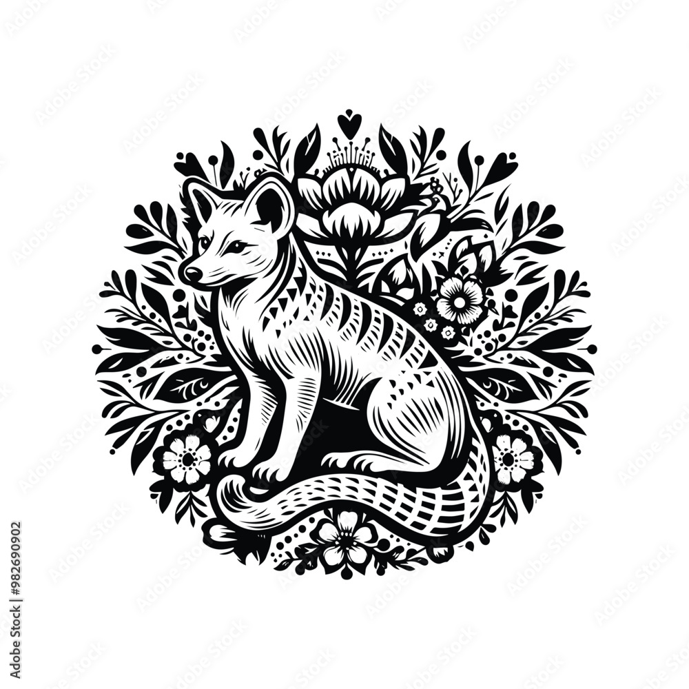 Thylacine with folk art decoration in black and white illustrations, cutout graphic Thylacine with folk art decoration in black and white illustrations, cutout graphic