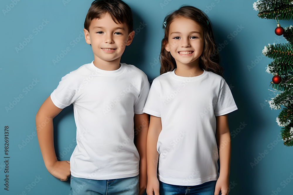 Christmas Kids t-shirt mockup, cute child boy and girl in white t-shirt Christmas Kids t-shirt mockup, cute child boy and girl in white t-shirt