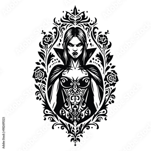 vampire female with folk art decoration in black and white illustrations, cutout graphic