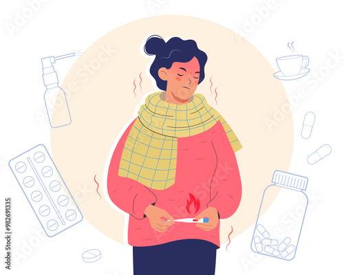 Young woman in fever with and thermometer. Symptoms of viral diseases, colds, flu.  Health care Concept. Flat vector illustration isolated on white background