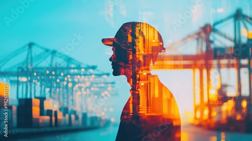 Supervisor managing container logistics at busy seaport (close up, focus on, copy space) Bright colors with ships and machinery in view. Double exposure silhouette with harbor equipment  photo