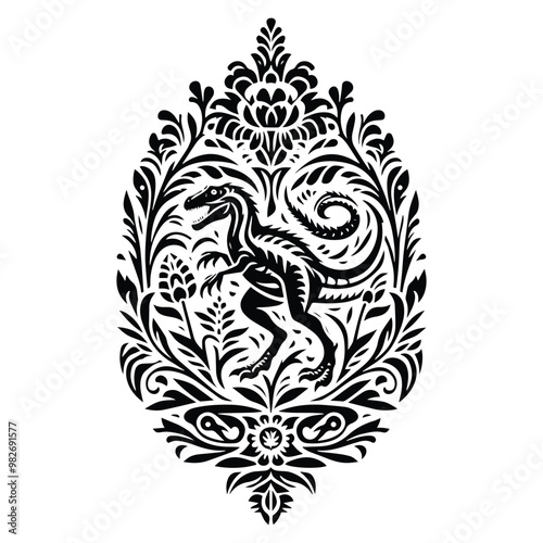Velociraptor with folk art decoration in black and white illustrations, cutout graphic