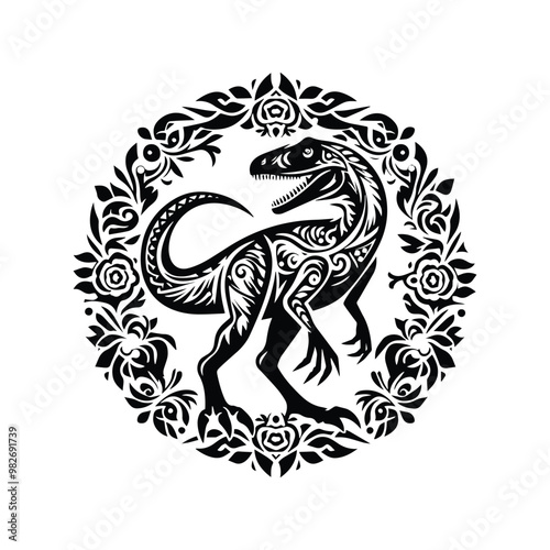 Velociraptor with folk art decoration in black and white illustrations, cutout graphic