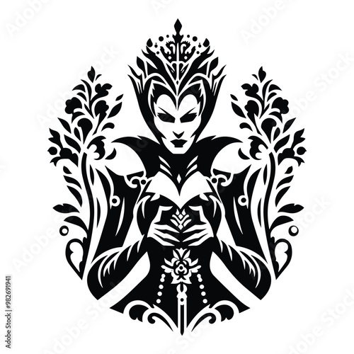 villain queen with folk art decoration in black and white illustrations, cutout graphic