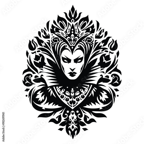 villain queen with folk art decoration in black and white illustrations, cutout graphic