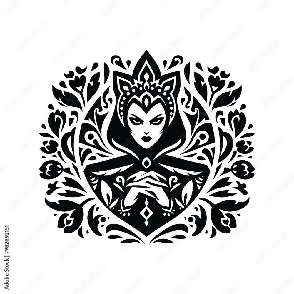 villain queen inside folk art decoration in black and white illustrations, cutout graphic villain queen inside folk art decoration in black and white illustrations, cutout graphic