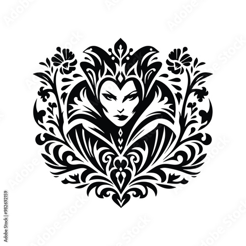 villain queen inside folk art decoration in black and white illustrations, cutout graphic