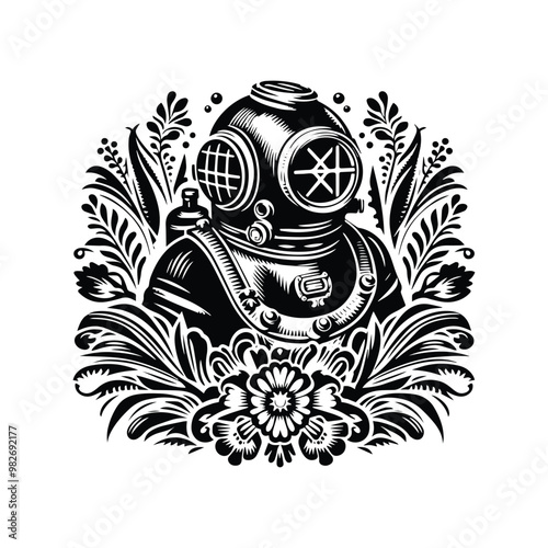 vintage diving suit with folk art decoration in black and white illustrations, cutout graphic