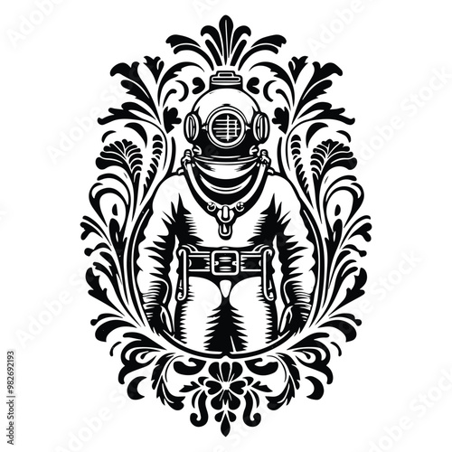 vintage diving suit with folk art decoration in black and white illustrations, cutout graphic