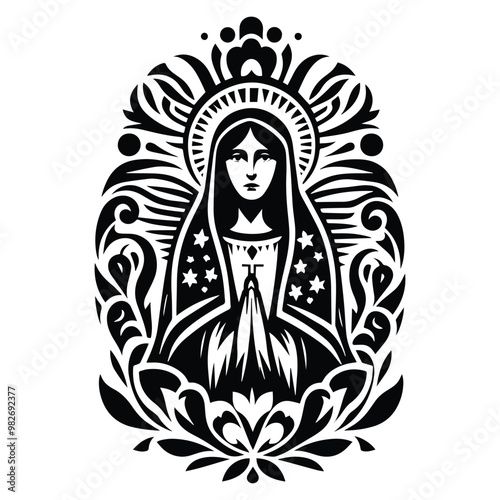 virgin marry with folk art decoration in black and white illustrations, cutout graphic