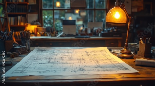 A vintage lamp illuminating a blueprint on a wooden desk.