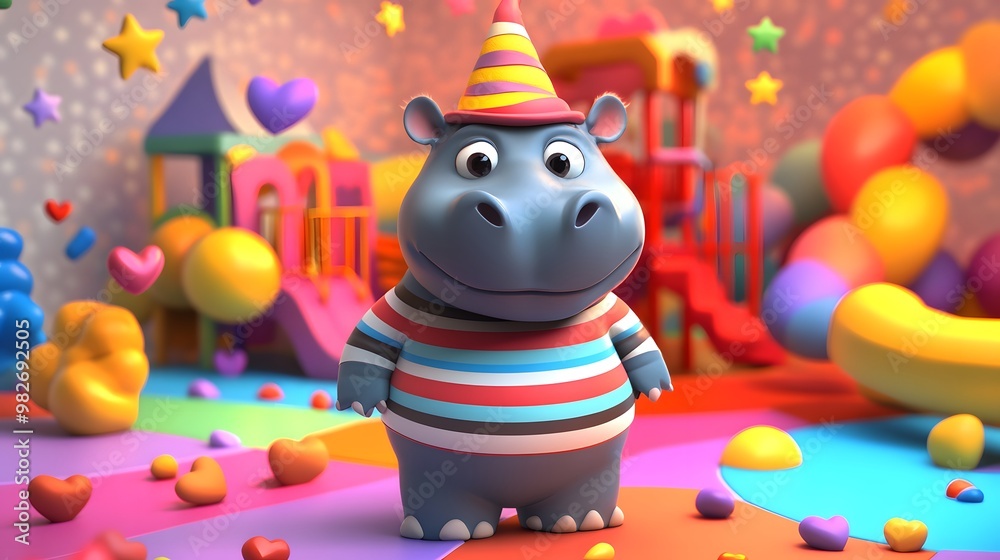 Fototapeta premium Chubby shiny hippo with playful eyes wearing a striped shirt and funny hat surrounded by hearts stars and a colorful playground