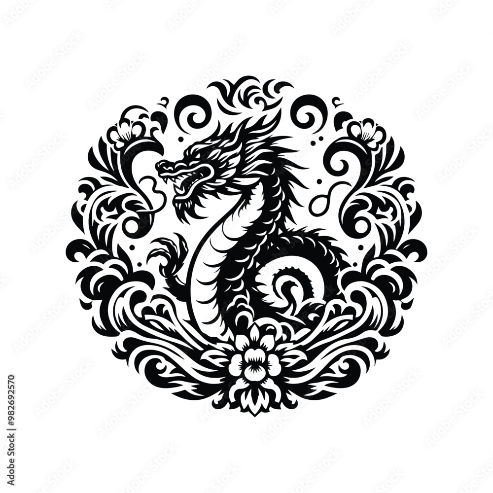 Fototapeta premium water dragon with folk art decoration in black and white illustrations, cutout graphic