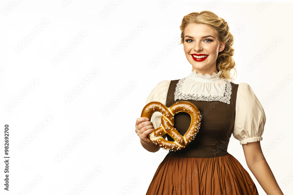 Bavarian woman in traditional dress holding a salted pretzel, isolated on beige background, with space for text Bavarian woman in traditional dress holding a salted pretzel, isolated on beige background, with space for text