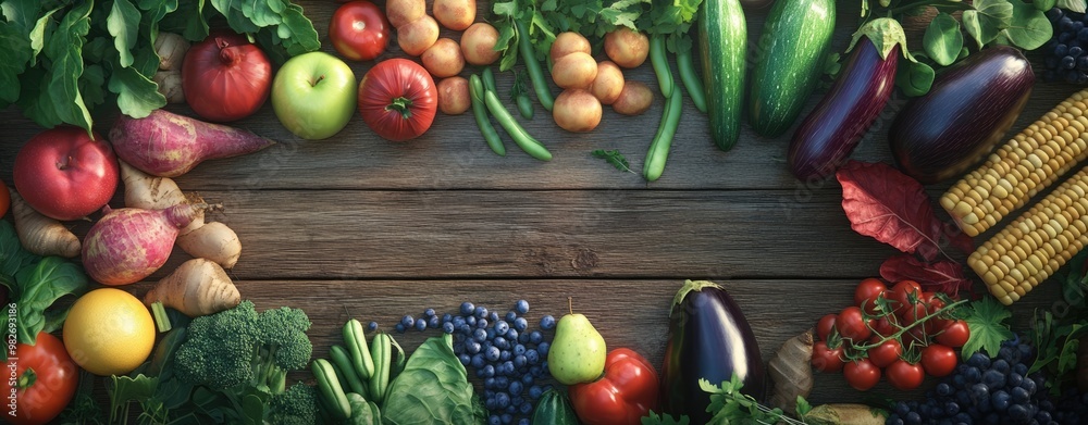 Fresh Vegetables and Fruits on Wooden Background: Healthy Eating Fresh Vegetables and Fruits on Wooden Background: Healthy Eating
