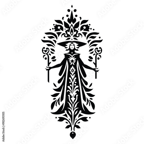 wizard female with folk art decoration in black and white illustrations, cutout graphic