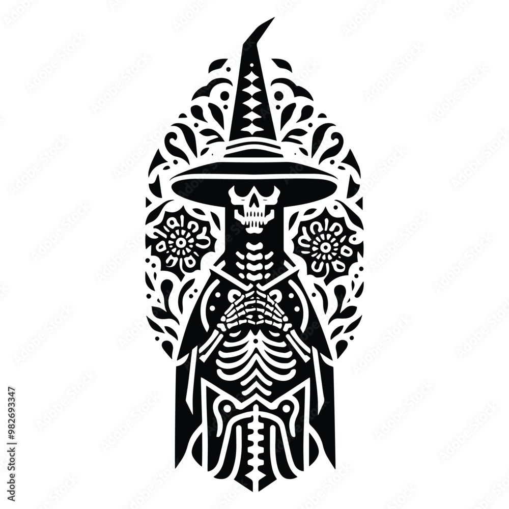 Naklejka premium wizard skeleton with folk art decoration in black and white illustrations, cutout graphic