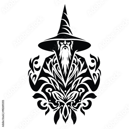 wizard male with folk art decoration in black and white illustrations, cutout graphic