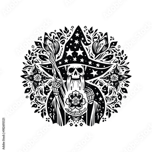 wizard skeleton with folk art decoration in black and white illustrations, cutout graphic