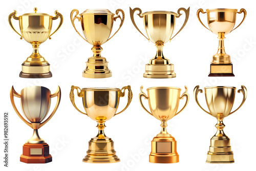 Golden trophy png element set, transparent background