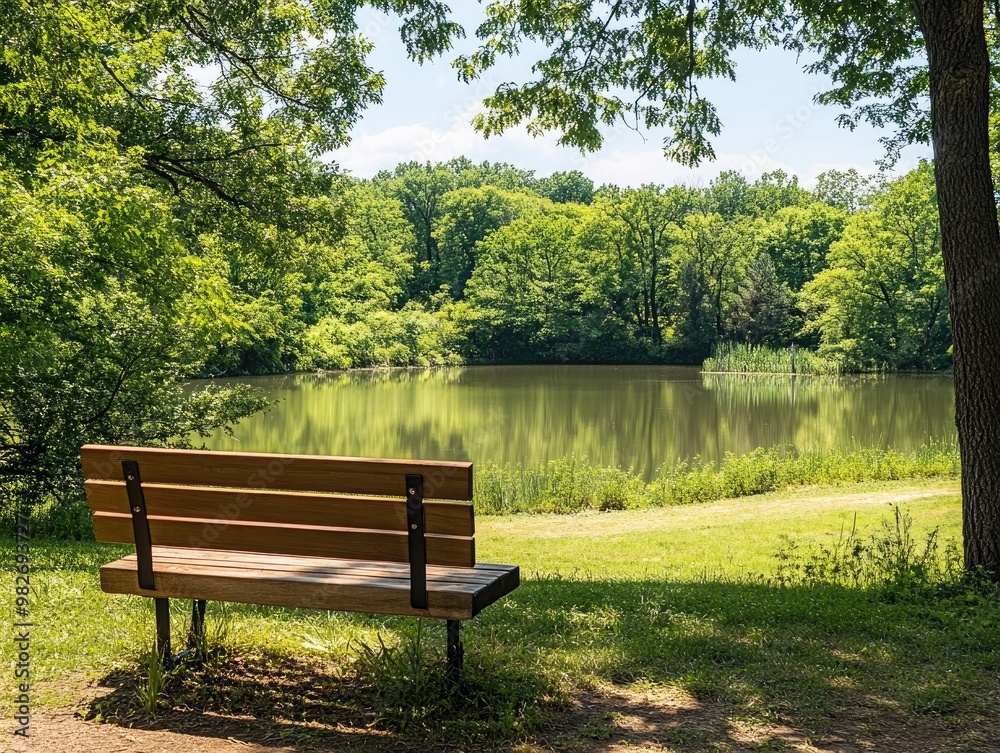 A scenic park with a wooden bench overlooking a peaceful lake and surrounding nature A scenic park with a wooden bench overlooking a peaceful lake and surrounding nature
