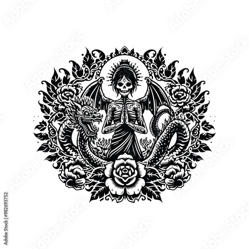 zombie dragon with folk art decoration in black and white illustrations, cutout graphic