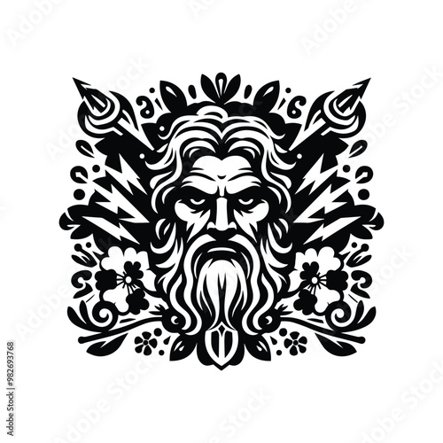Zeus greek god with lighting rod with folk art decoration in black and white illustrations, cutout graphic black and white illustration