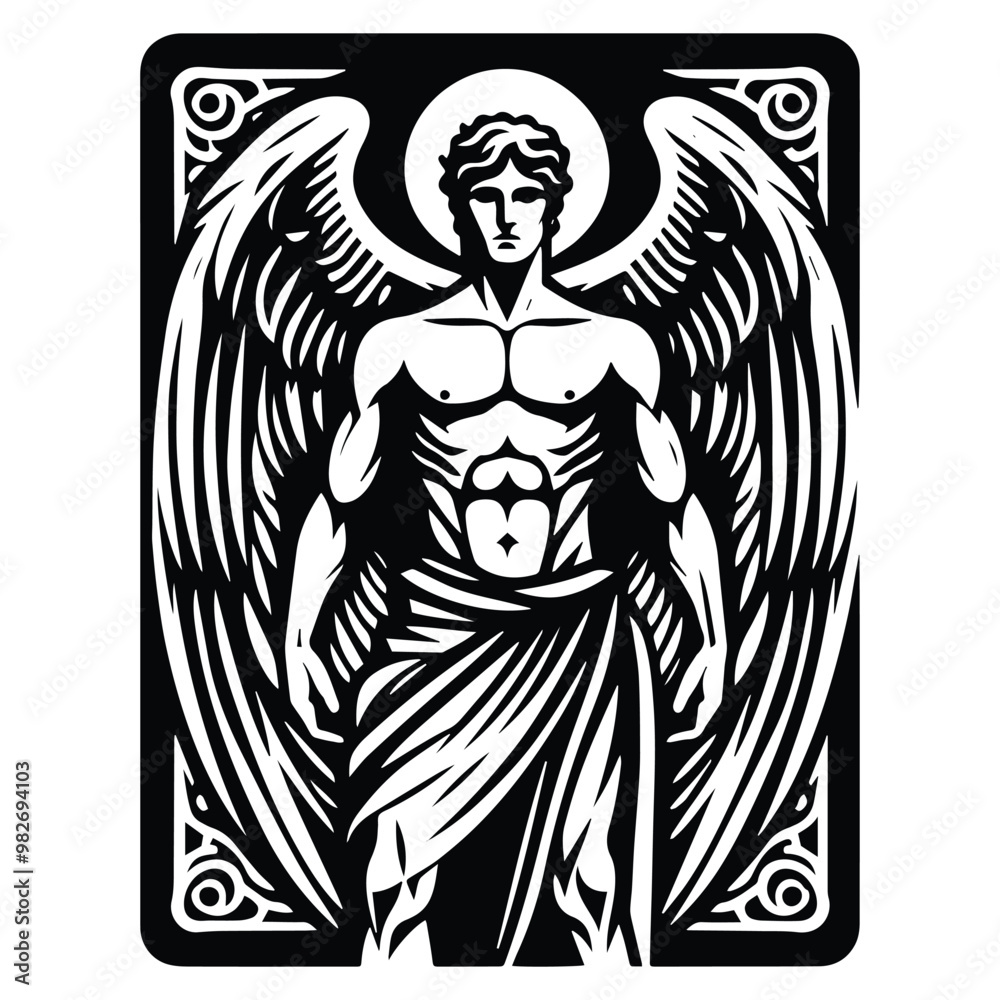 angel male with tarot card in black and white illustrations, cutout graphic angel male with tarot card in black and white illustrations, cutout graphic