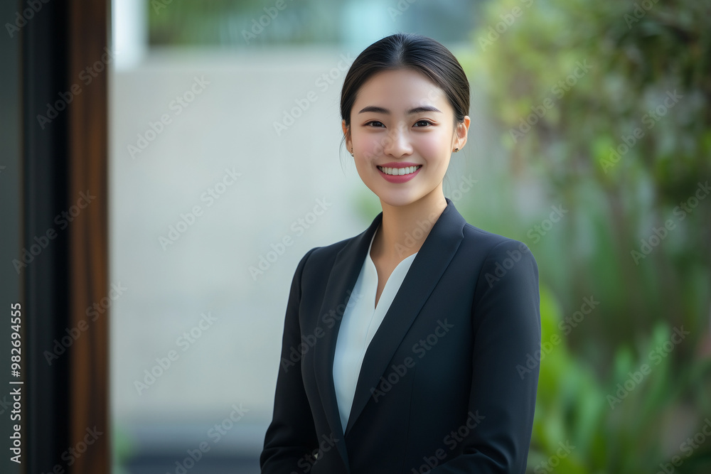 young asian business woman smiling in black suit, blurred green background young asian business woman smiling in black suit, blurred green background
