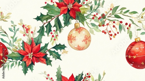 Watercolor Christmas greeting card featuring hand painted ornaments holly mistletoe and poinsettias