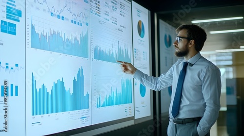 Businessman Analyzing Business Data and Financial Charts on Digital Dashboard