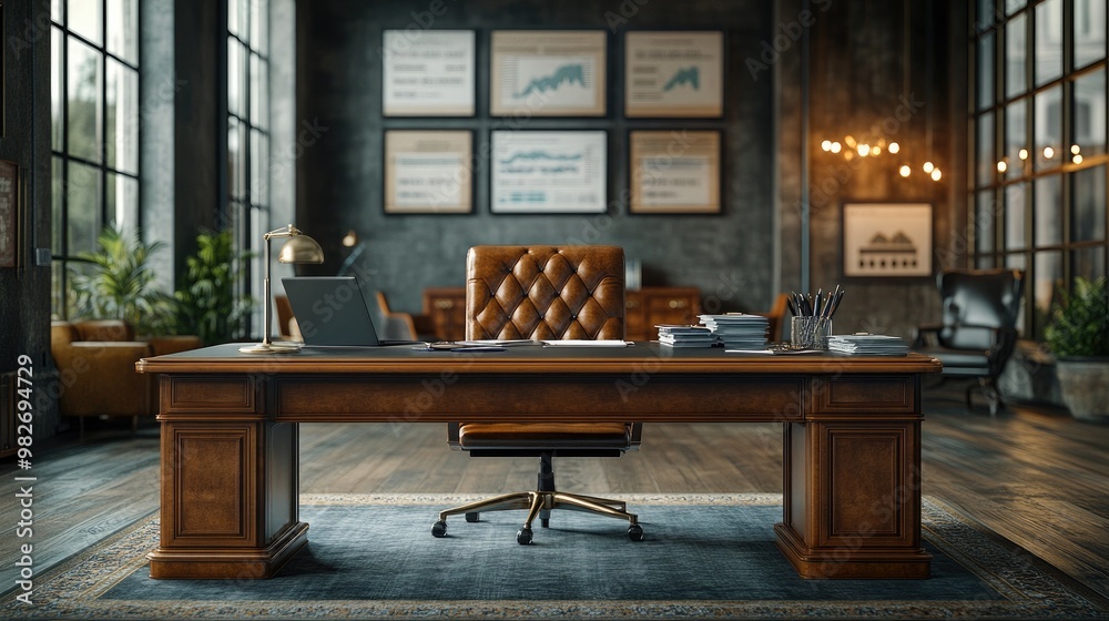 Professional Executive Desk Surrounded by Financial Growth Reports for Business Use Professional Executive Desk Surrounded by Financial Growth Reports for Business Use