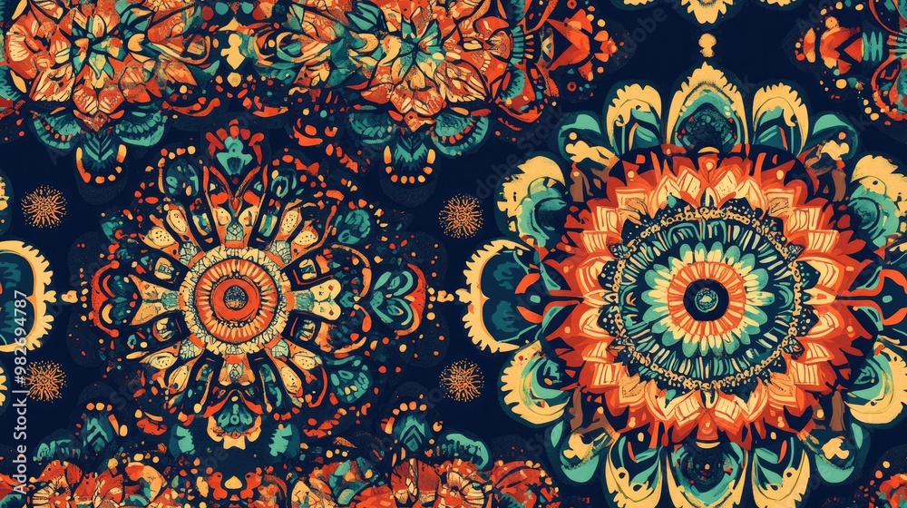 Colorful fabric design featuring a seamless background pattern with mandala elements suitable for print and digital illustration Colorful fabric design featuring a seamless background pattern with mandala elements suitable for print and digital illustration