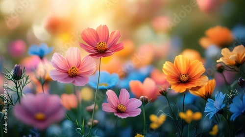 Colorful Flower Meadow in the Sunset