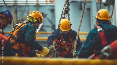 Fototapeta Naklejka Na Ścianę i Meble -  A team of workers, conducting a safety drill for confined space rescue
