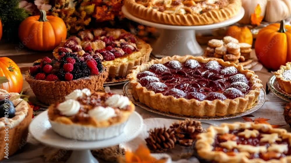 Delicious array of homemade pies displayed on a festive table adorned with autumn decorations and seasonal fruits Delicious array of homemade pies displayed on a festive table adorned with autumn decorations and seasonal fruits