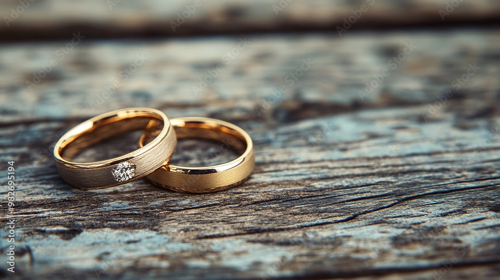 two gold wedding bands on a weathered wooden table for rustic and romantic wedding moments symbolizing unity and love two gold wedding bands on a weathered wooden table for rustic and romantic wedding moments symbolizing unity and love