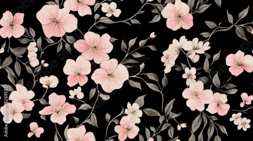 Pink floral pattern on black backdrop