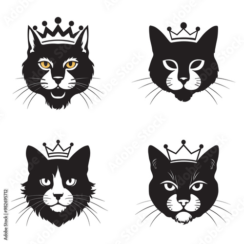 King cat silhouette set black color vector illustration