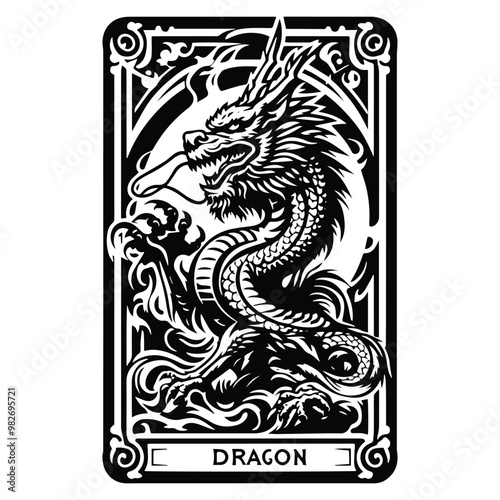 asian dragon with tarot card in black and white illustrations, cutout graphic