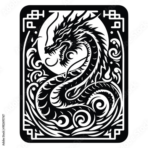 asian dragon with tarot card in black and white illustrations, cutout graphic photo