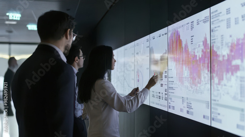 A group of professionals analyze data on a digital screen, collaborating in a modern office setting.
