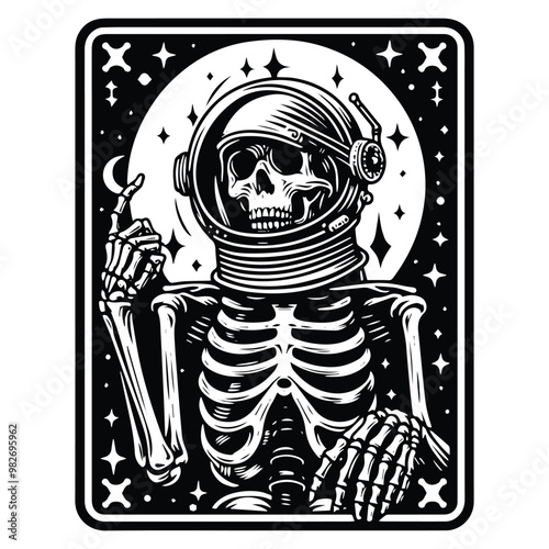 astronaout skeleton with tarot card decoration in black and white illustrations, cutout graphic