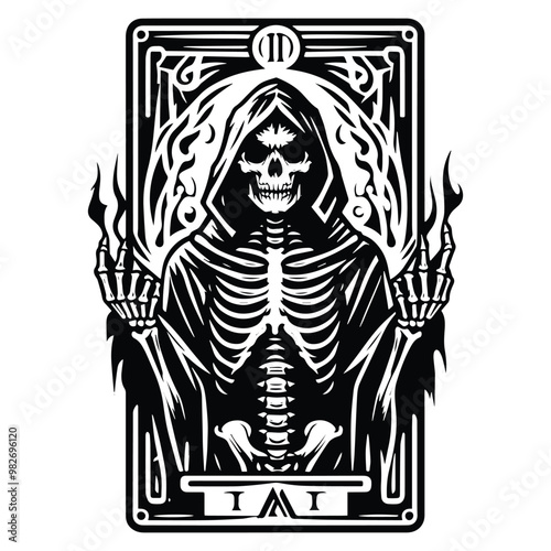 assasin skeleton with tarot card in black and white illustrations, cutout graphic