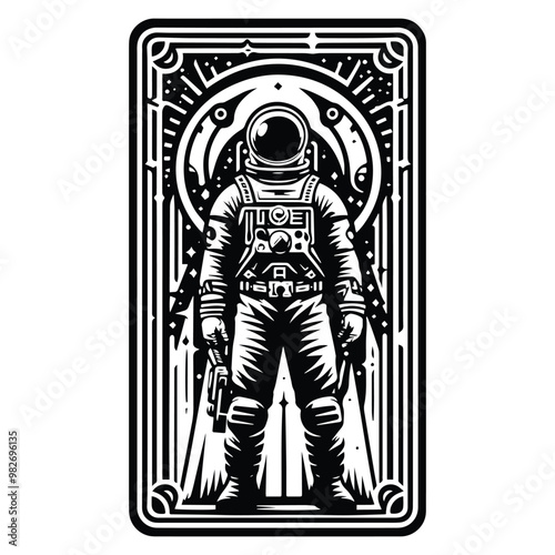 astronaout with tarot card in black and white illustrations, cutout graphic