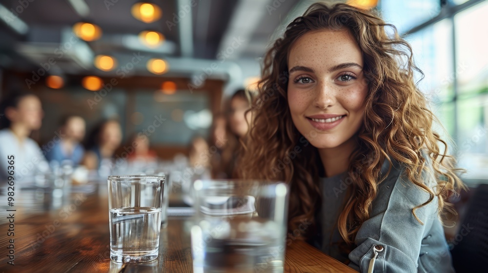 A candid, cheerful young woman with curly hair sitting at a conference table in a modern, well-lit office space with colleagues in the background A candid, cheerful young woman with curly hair sitting at a conference table in a modern, well-lit office space with colleagues in the background