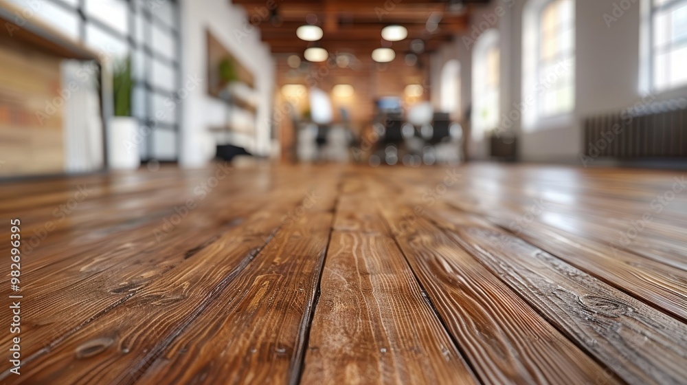 A detailed view of polished wooden floorboards in a bright and modern office space with windows, exposed beams, and blurred background elements A detailed view of polished wooden floorboards in a bright and modern office space with windows, exposed beams, and blurred background elements