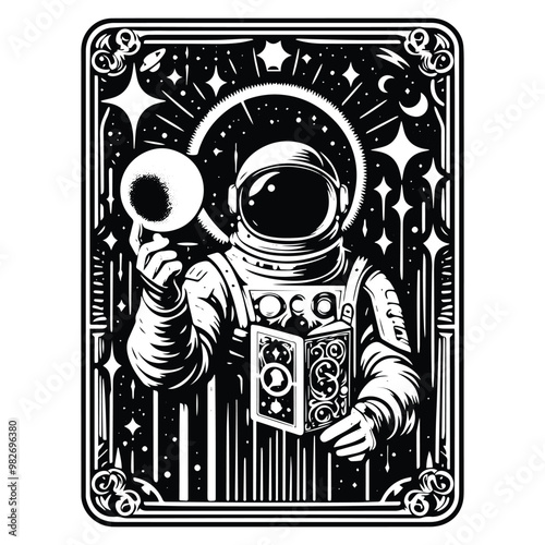 astronaout with tarot card in black and white illustrations, cutout graphic