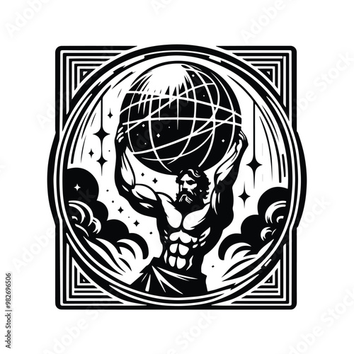 atlas greek god with tarot card in black and white illustrations, cutout graphic black and white illustration